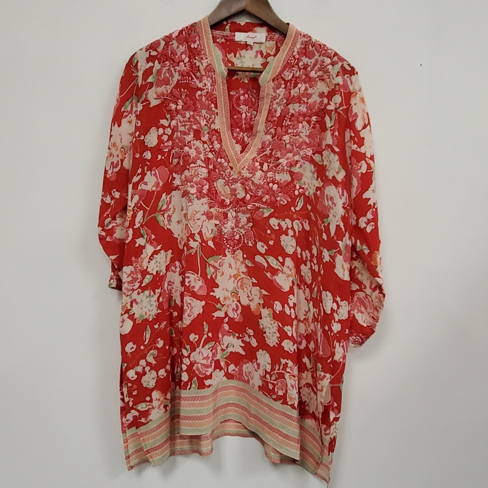 Amaya Womens Kimono Sleeve V Neck Silk Tunic Top Size 44 US L Red Floral Boho